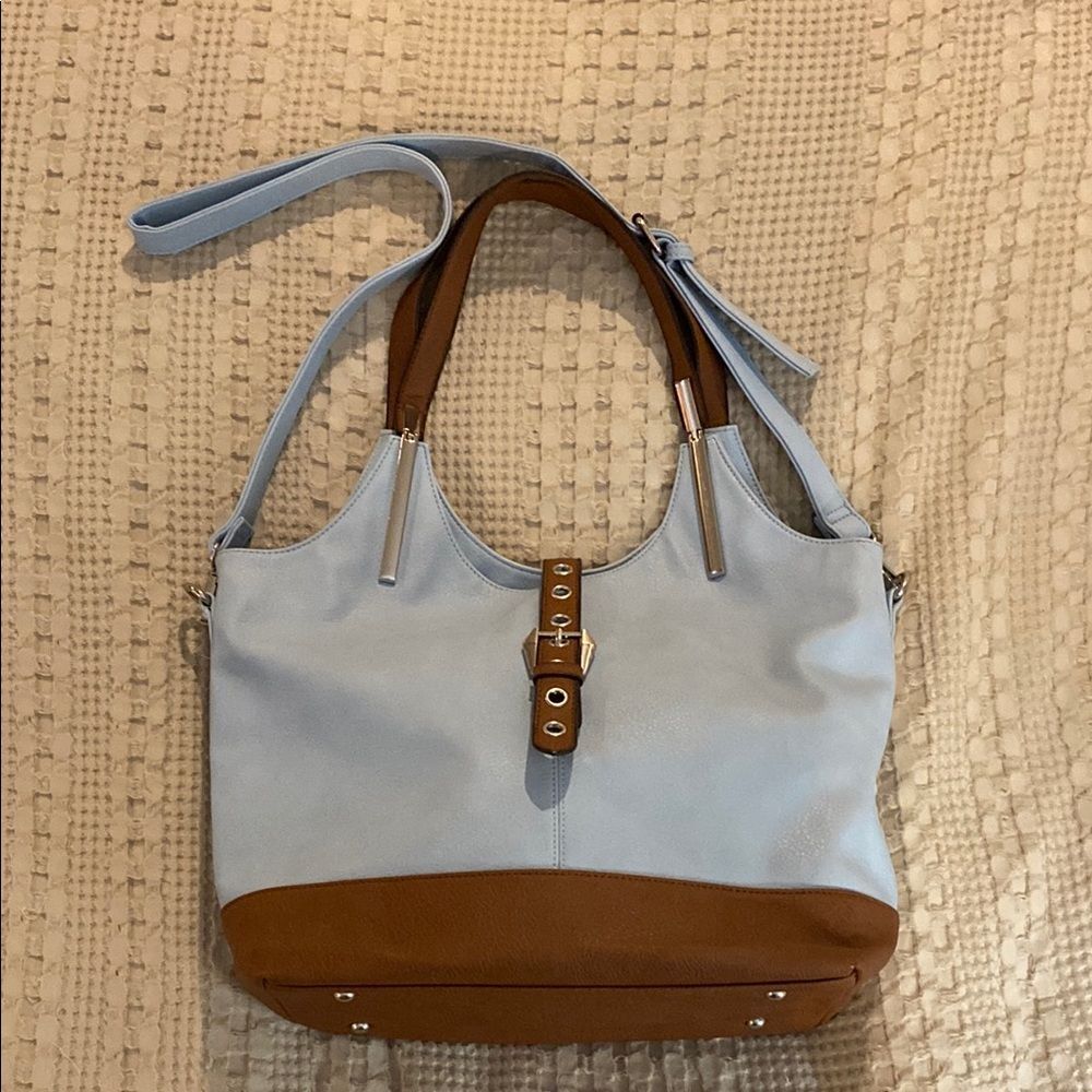 Black Rivet Bag Blue and Brown Shoulder or Crossbody Bag with Slouchy Design